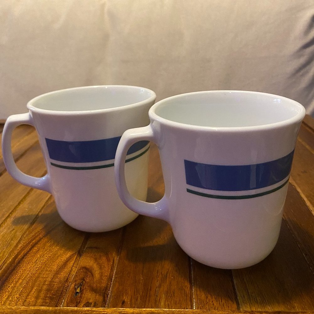 Corelle by Corning Jennie Blue/Green D-Handle Coffee Mugs Cups - Set of 2 (SA) .
